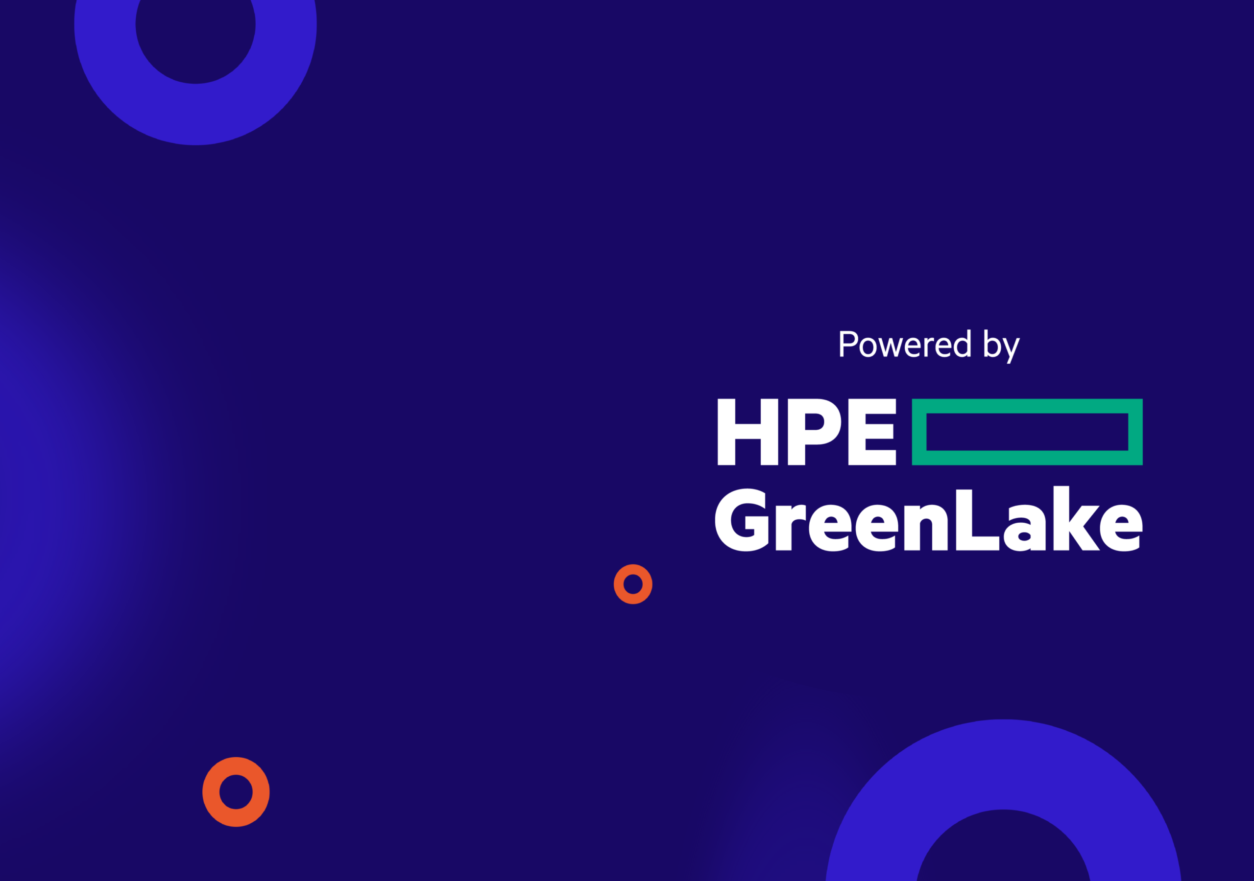 Powered by HPE GreenLake logo surrounded by a dark blue background and orange and blue circles.