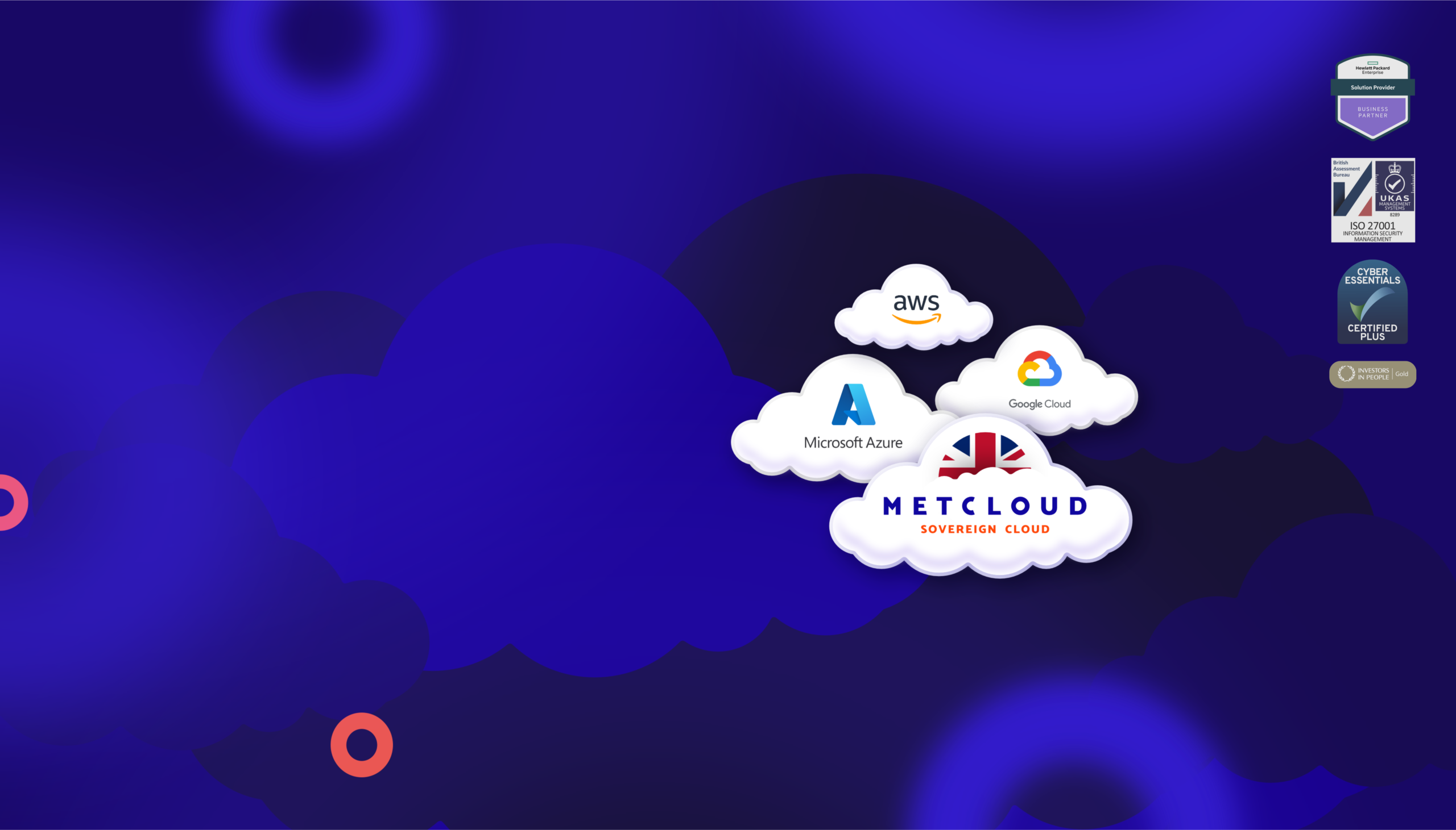 Cloud graphic featuring the logos of AWS, Microsoft Azure, Google Cloud, and METCLOUD Sovereign Cloud, with certification badges displayed on the right side.