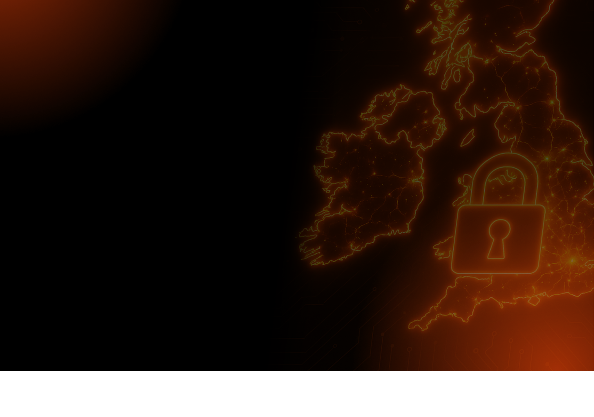 Glowing outline of the UK map with a padlock icon symbolising data security.