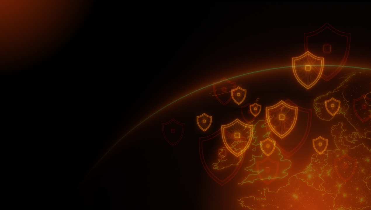 A digital illustration of the UK and Europe viewed from space, overlaid with glowing orange cybersecurity shield icons representing digital protection and intelligent cyber defence.
