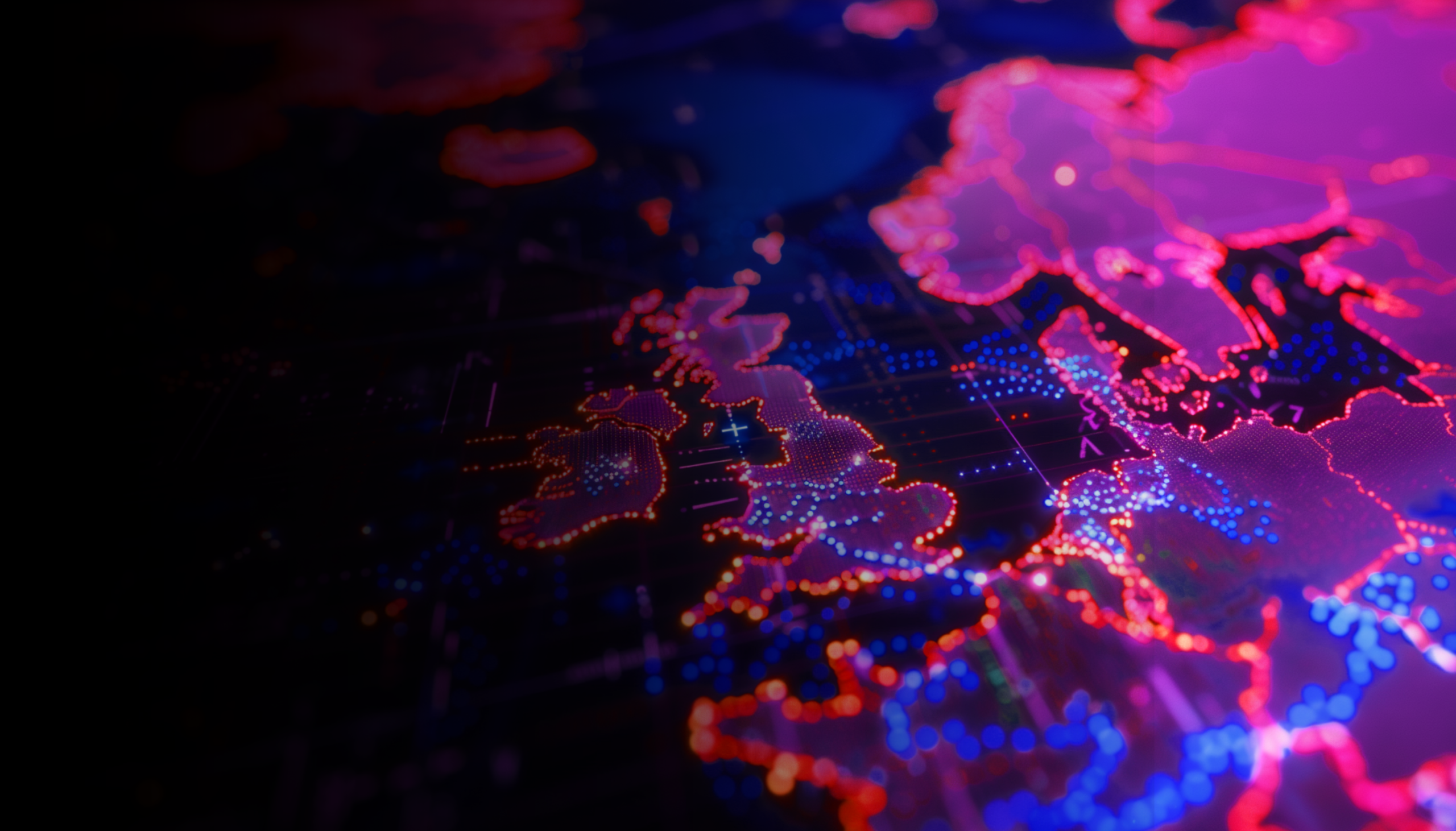 A digital map of Europe shown in glowing red, pink, and blue network-style lights, representing cybersecurity activity or data flow.
