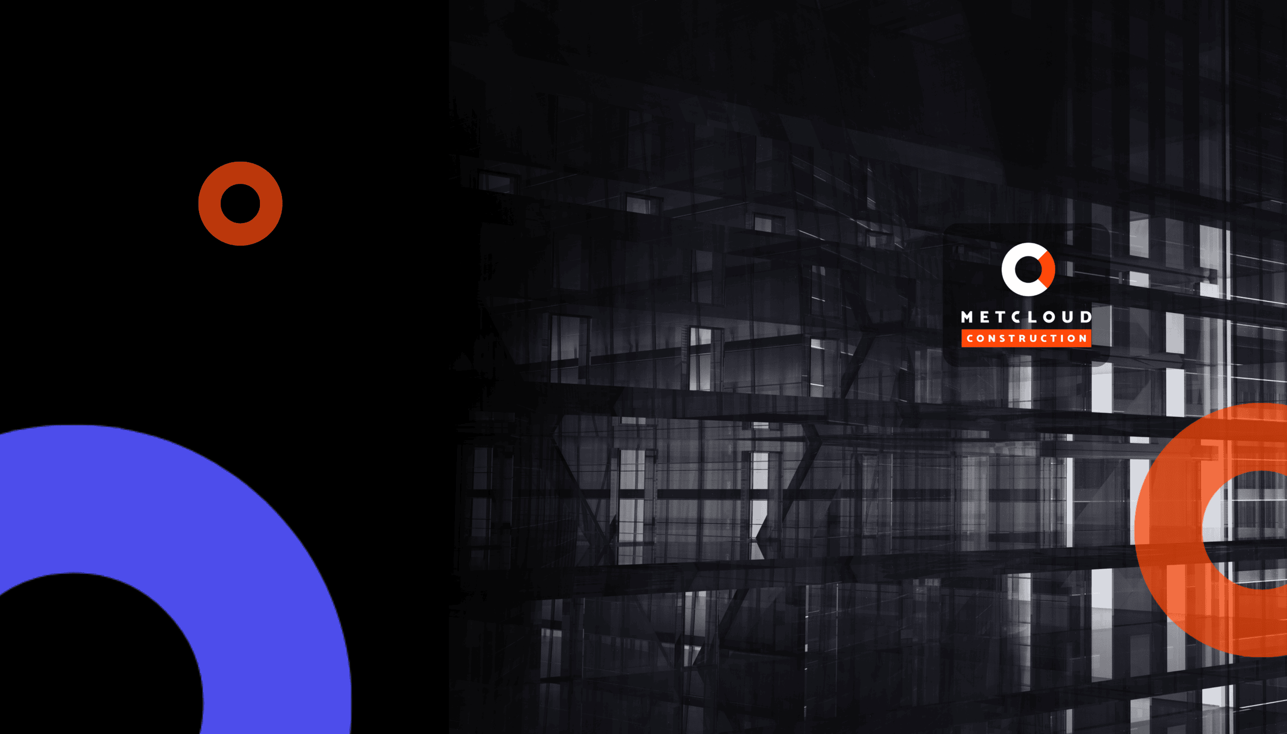 Black‑and‑white architectural image showing the exterior of a modern glass building with layered reflections. The METCLOUD Construction logo appears in the top-right corner.