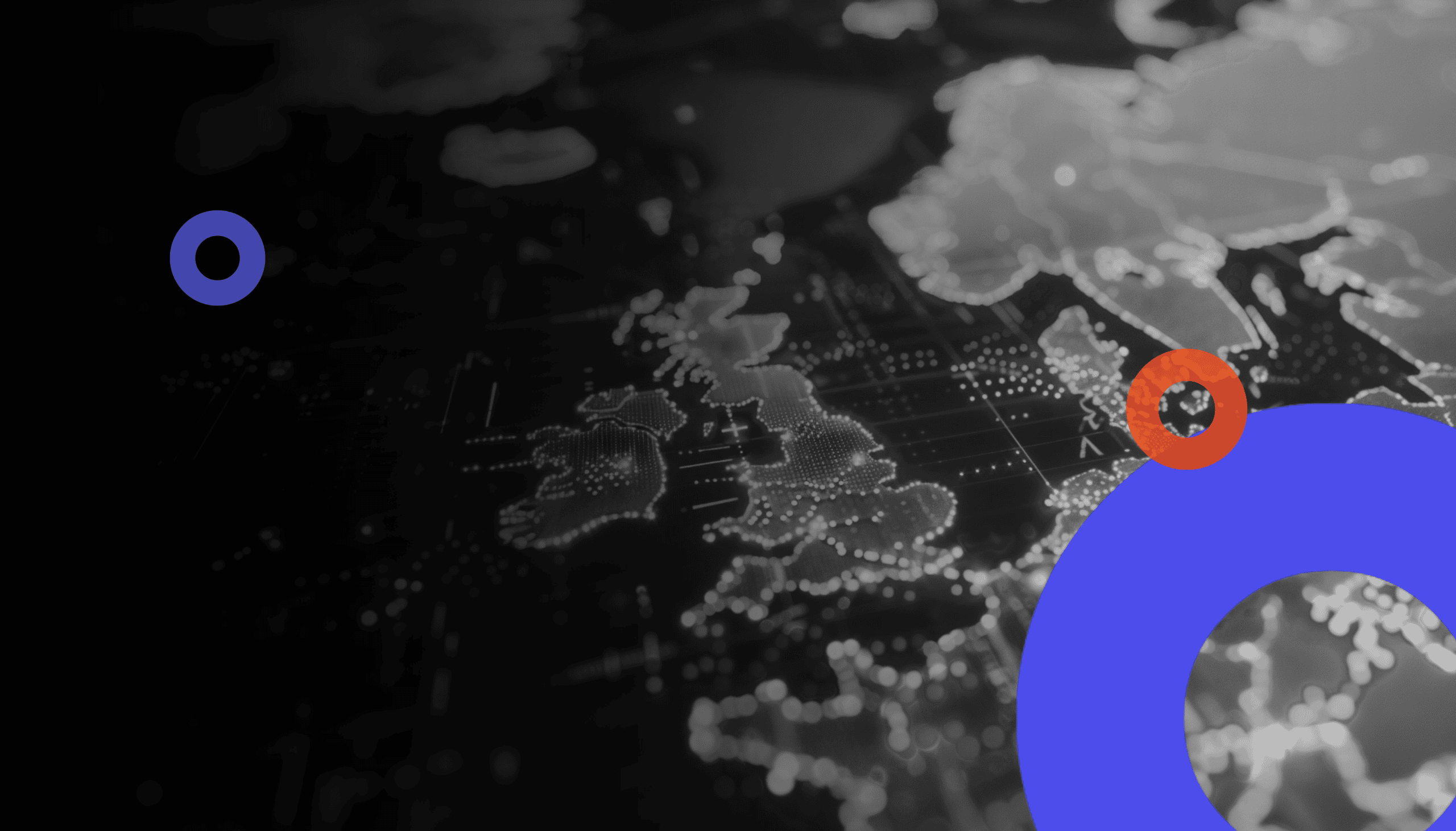 A monochrome digital map of Europe, with the United Kingdom centered and highlighted by bright, dotted data‑style markings. Abstract circular graphic elements in blue and orange overlay the map on the left and right sides.